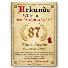 Laden Sie das Bild in den Galerie-Viewer, 87. Geburtstag Urkunde personalisiert ALTE SCHACHTEL Geschenk Frau Geburtstagskarte Deko Bild
