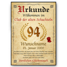 Laden Sie das Bild in den Galerie-Viewer, 94. Geburtstag Urkunde personalisiert ALTE SCHACHTEL Geschenk Frau Geburtstagskarte Deko Bild