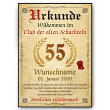 Laden Sie das Bild in den Galerie-Viewer, 55. Geburtstag Urkunde personalisiert ALTE SCHACHTEL Geschenk Frau Geburtstagskarte Deko Bild