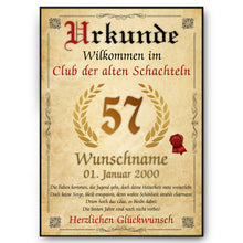 Laden Sie das Bild in den Galerie-Viewer, 57. Geburtstag Urkunde personalisiert ALTE SCHACHTEL Geschenk Frau Geburtstagskarte Deko Bild