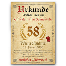 Laden Sie das Bild in den Galerie-Viewer, 58. Geburtstag Urkunde personalisiert ALTE SCHACHTEL Geschenk Frau Geburtstagskarte Deko Bild