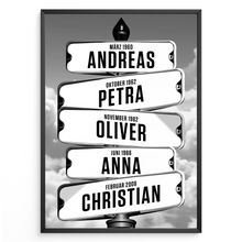 Laden Sie das Bild in den Galerie-Viewer, Personalisiertes Familienposter Straßenschild – Wegweiser Design mit Namen & Geburtsdaten – Wandbild personalisiert – Geschenk für Familie, Eltern, Mama & Papa