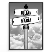 Laden Sie das Bild in den Galerie-Viewer, Personalisiertes Familienposter Straßenschild – Wegweiser Design mit Namen & Geburtsdaten – Wandbild personalisiert – Geschenk für Familie, Eltern, Mama & Papa