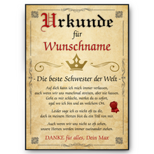 Laden Sie das Bild in den Galerie-Viewer, Beste Schwester Urkunde personalisiert Schwester persönliches Geschenk personalisierte Geschenkidee Schwester Geburtstag