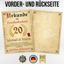 Laden Sie das Bild in den Galerie-Viewer, Personalisierte Urkunde zum 20. Hochzeitstag Geschenk Porzellanhochzeit Karte 20. Jahrestag
