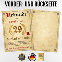 Laden Sie das Bild in den Galerie-Viewer, Personalisierte Urkunde zum 29. Hochzeitstag Geschenk Samthochzeit Karte 29. Jahrestag