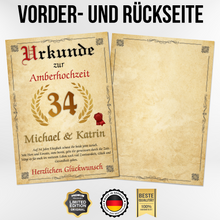 Laden Sie das Bild in den Galerie-Viewer, Personalisierte Urkunde zum 34. Hochzeitstag Geschenk Amberhochzeit Karte 34. Jahrestag