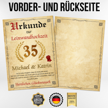 Laden Sie das Bild in den Galerie-Viewer, Personalisierte Urkunde zum 35. Hochzeitstag Geschenk Leinwandhochzeit Karte 35. Jahrestag
