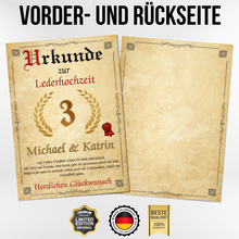 Laden Sie das Bild in den Galerie-Viewer, Personalisierte Urkunde zum 3. Hochzeitstag Geschenk Lederhochzeit Karte 3. Jahrestag
