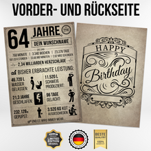 Laden Sie das Bild in den Galerie-Viewer, 64. Geburtstag Geschenk | 64 Jahre Geburtstagsgeschenk personalisiert | Jahrgang 1962 Geschenkidee Geburtstagskarte