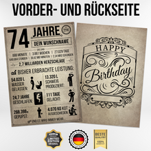 Laden Sie das Bild in den Galerie-Viewer, 74. Geburtstag Geschenk | 74 Jahre Geburtstagsgeschenk personalisiert | Jahrgang 1952 Geschenkidee Geburtstagskarte