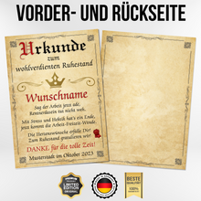 Laden Sie das Bild in den Galerie-Viewer, Ruhestand Urkunde personalisiert Rente persönliches Abschiedsgeschenk Kollegen personalisierte Geschenkidee zum Ruhestand