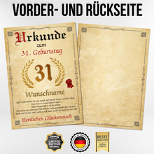 Laden Sie das Bild in den Galerie-Viewer, Urkunde zum 31. Geburtstag personalisiertes Geschenk Jahrgang 1995 Geburtstagsurkunde 31 Jahre Geburtstagsgeschenk