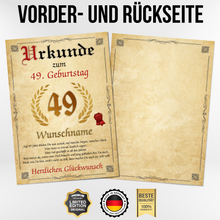 Laden Sie das Bild in den Galerie-Viewer, Urkunde zum 49. Geburtstag personalisiertes Geschenk Jahrgang 1977 Geburtstagsurkunde 49 Jahre Geburtstagsgeschenk