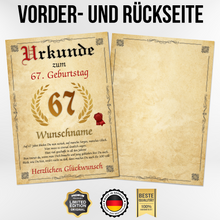 Laden Sie das Bild in den Galerie-Viewer, Urkunde zum 67. Geburtstag personalisiertes Geschenk Jahrgang 1959 Geburtstagsurkunde 67 Jahre Geburtstagsgeschenk