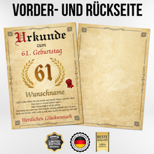 Laden Sie das Bild in den Galerie-Viewer, Urkunde zum 61. Geburtstag personalisiertes Geschenk Jahrgang 1965 Geburtstagsurkunde 61 Jahre Geburtstagsgeschenk