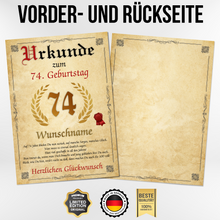 Laden Sie das Bild in den Galerie-Viewer, Urkunde zum 74. Geburtstag personalisiertes Geschenk Jahrgang 1952 Geburtstagsurkunde 74 Jahre Geburtstagsgeschenk