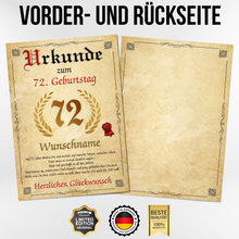 Laden Sie das Bild in den Galerie-Viewer, Urkunde zum 72. Geburtstag personalisiertes Geschenk Jahrgang 1954 Geburtstagsurkunde 72 Jahre Geburtstagsgeschenk