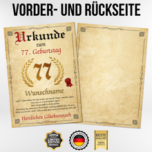 Laden Sie das Bild in den Galerie-Viewer, Urkunde zum 77. Geburtstag personalisiertes Geschenk Jahrgang 1949 Geburtstagsurkunde 77 Jahre Geburtstagsgeschenk