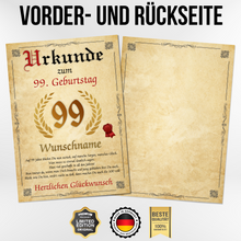 Laden Sie das Bild in den Galerie-Viewer, Urkunde zum 99. Geburtstag personalisiertes Geschenk Jahrgang 1927 Geburtstagsurkunde 99 Jahre Geburtstagsgeschenk