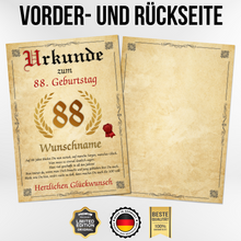 Laden Sie das Bild in den Galerie-Viewer, Urkunde zum 88. Geburtstag personalisiertes Geschenk Jahrgang 1938 Geburtstagsurkunde 88 Jahre Geburtstagsgeschenk