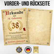 Laden Sie das Bild in den Galerie-Viewer, Urkunde zum 38. Geburtstag personalisiertes Geschenk Jahrgang 1988 Geburtstagsurkunde 38 Jahre Geburtstagsgeschenk