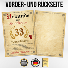 Laden Sie das Bild in den Galerie-Viewer, Urkunde zum 33. Geburtstag personalisiertes Geschenk Jahrgang 1993 Geburtstagsurkunde 33 Jahre Geburtstagsgeschenk