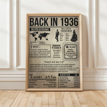 Laden Sie das Bild in den Galerie-Viewer, 90. Geburtstag Geschenkidee personalisierbar | Poster Jahrgang 1936 Geschenk | Back in 1936 Rückblick