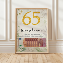 Laden Sie das Bild in den Galerie-Viewer, Personalisiertes Geldgeschenk zum 65. Geburtstag Männer Frauen Geburtstagsgeschenk Geld Geschenkidee personalisierbar