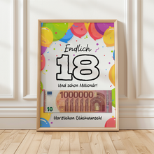 Laden Sie das Bild in den Galerie-Viewer, Geldgeschenk zum 18. Geburtstag Jungen & Mädchen | Deine erste Million | Lustiges Geburtstagsgeschenk Witzige Geschenkidee Geld kreativ verschenken Sohn Tochter 18 Jahre Geschenk
