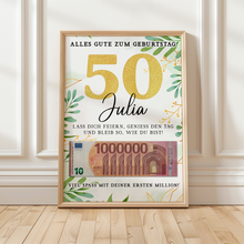 Laden Sie das Bild in den Galerie-Viewer, Personalisiertes Geldgeschenk zum 50. Geburtstag Geld Geschenkidee personalisierbar Geburtstagskarte