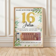 Laden Sie das Bild in den Galerie-Viewer, Personalisiertes Geldgeschenk zum 16. Geburtstag Geld Geschenkidee personalisierbar Geburtstagskarte