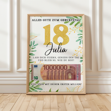 Laden Sie das Bild in den Galerie-Viewer, Personalisiertes Geldgeschenk zum 18. Geburtstag Geld Geschenkidee personalisierbar Geburtstagskarte