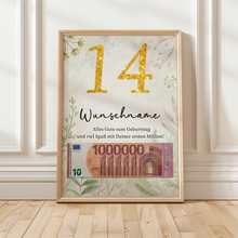 Laden Sie das Bild in den Galerie-Viewer, Personalisiertes Geldgeschenk zum 14. Geburtstag Männer Frauen Geburtstagsgeschenk Geld Geschenkidee personalisierbar