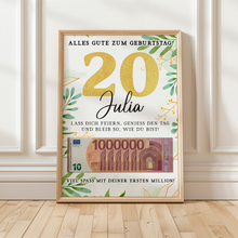 Laden Sie das Bild in den Galerie-Viewer, Personalisiertes Geldgeschenk zum 20. Geburtstag Geld Geschenkidee personalisierbar Geburtstagskarte