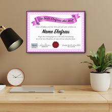 Laden Sie das Bild in den Galerie-Viewer, Beste Ehefrau Geschenk personalisiert Geburtstag Poster Zertifikat Urkunde Ehefrau personalisierte Geschenkidee Valentinstag Weihnachten