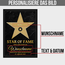 Laden Sie das Bild in den Galerie-Viewer, Personalisiertes Star of Fame Poster Gold Design – Hollywood Stern mit Name – Wunschtext & Datum – Edles Geschenk Geburtstag, Jubiläum, Auszeichnung