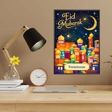 Laden Sie das Bild in den Galerie-Viewer, Personalisiertes Eid Mubarak Poster – Orientalisches Wandbild mit Mond & Sternen – Festliche Dekoration zum Zuckerfest