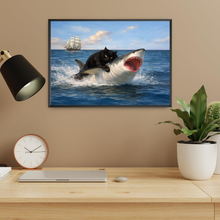 Laden Sie das Bild in den Galerie-Viewer, Katze & Hai Poster – Lustiges Fantasy Wandbild, Geschenk für Katzenliebhaber