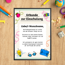 Laden Sie das Bild in den Galerie-Viewer, Personalisierte Urkunde zur Einschulung Schulkind Geschenkidee Schulanfang