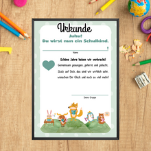 Laden Sie das Bild in den Galerie-Viewer, Kindergartenabschied Urkunde zur Einschulung Geschenkidee zum Schulanfang