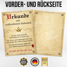 Laden Sie das Bild in den Galerie-Viewer, Ruhestand Urkunde Rente Abschiedsgeschenk Kollege Rentner Geschenk