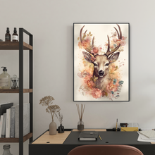 Laden Sie das Bild in den Galerie-Viewer, Hirsch Wandbild Bunter Kunstdruck Natur Wanddeko Hirsch Blumen Wandposter Wohnzimmer Schlafzimmer