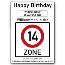 Laden Sie das Bild in den Galerie-Viewer, 14. Geburtstag Geschenk personalisiert Verkehrszeichen Deko Geburtstagsgeschenk Happy Birthday Geburtstagskarte