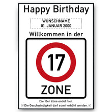 Laden Sie das Bild in den Galerie-Viewer, 17. Geburtstag Geschenk personalisiert Verkehrszeichen Deko Geburtstagsgeschenk Happy Birthday Geburtstagskarte