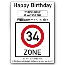 Laden Sie das Bild in den Galerie-Viewer, 34. Geburtstag Geschenk personalisiert Verkehrszeichen Deko Geburtstagsgeschenk Happy Birthday Geburtstagskarte