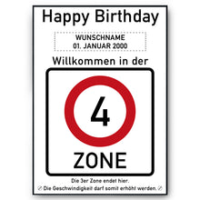 Laden Sie das Bild in den Galerie-Viewer, 4. Geburtstag Geschenk personalisiert Verkehrszeichen Deko Geburtstagsgeschenk Happy Birthday Geburtstagskarte