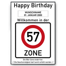 Laden Sie das Bild in den Galerie-Viewer, 57. Geburtstag Geschenk personalisiert Verkehrszeichen Deko Geburtstagsgeschenk Happy Birthday Geburtstagskarte