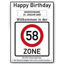 Laden Sie das Bild in den Galerie-Viewer, 58. Geburtstag Geschenk personalisiert Verkehrszeichen Deko Geburtstagsgeschenk Happy Birthday Geburtstagskarte