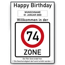 Laden Sie das Bild in den Galerie-Viewer, 74. Geburtstag Geschenk personalisiert Verkehrszeichen Deko Geburtstagsgeschenk Happy Birthday Geburtstagskarte